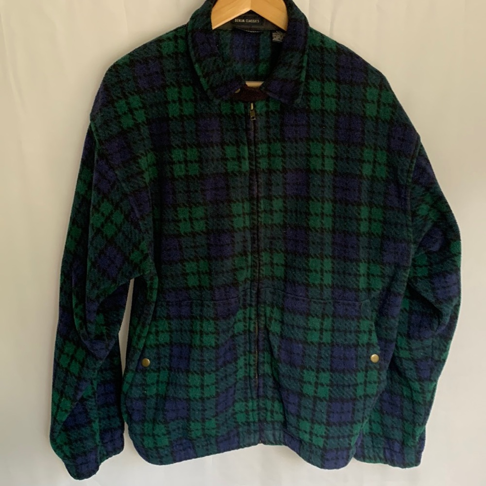 Vintage 90s Black Watch Plaid Fleece Zip Front Jacket Blue Green Men Size Large